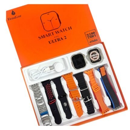 S100 Fendior Smart Watch Ultra 2 With 7 Straps 49mm With Silicon Watch Protector Case With Fitpro App Black And Silver